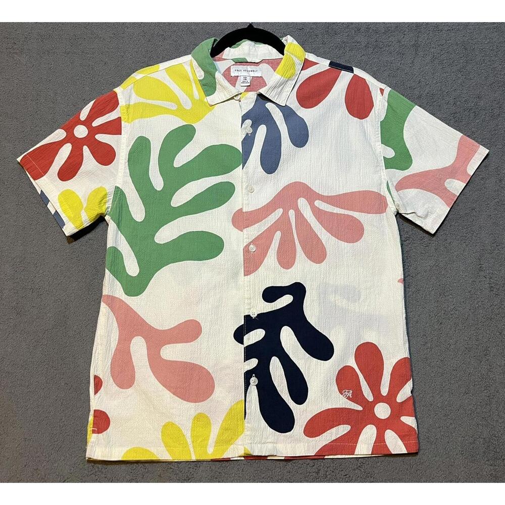 Free Assembly Seersucker Camp Shirt Kids XXL 18/ Adult‎ Small Floral Paint Splat